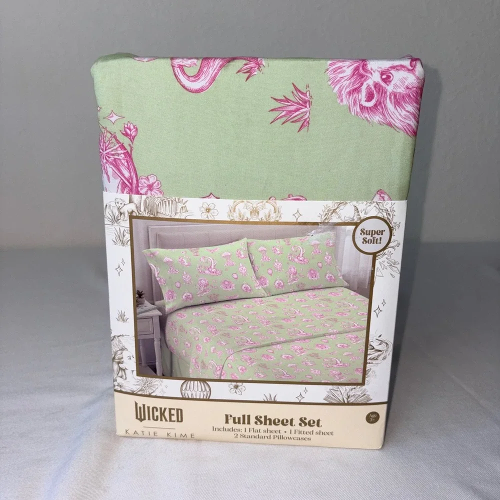 Wicked Katie Kime Full Sheet Set Nod to Dorothy Green Pink Toile 4pc New